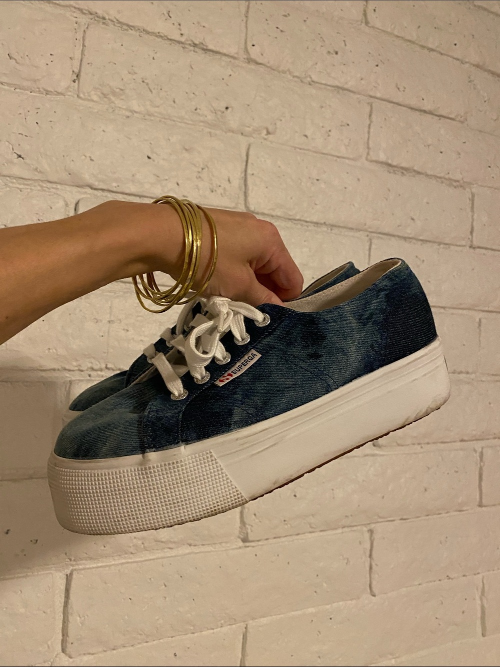 🌼 Superga Denim Lace-Up Platform Sneakers in Dark Blue Excellent Condition